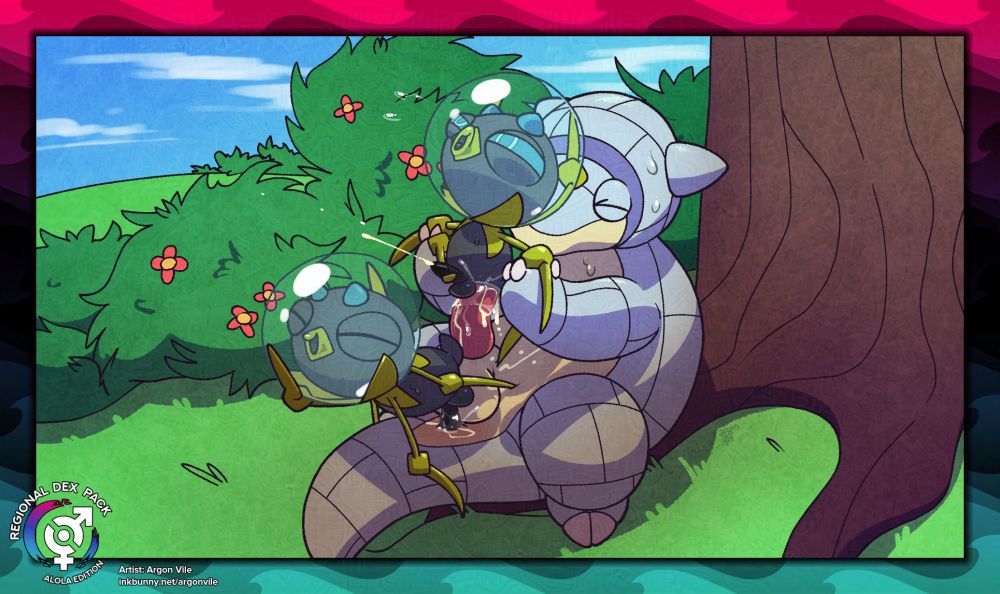 Two male dewpider are playing with a male sandslash who is laying with its back against a tree. One dewpider is penetrating the sandslash while the other is riding its cock. 