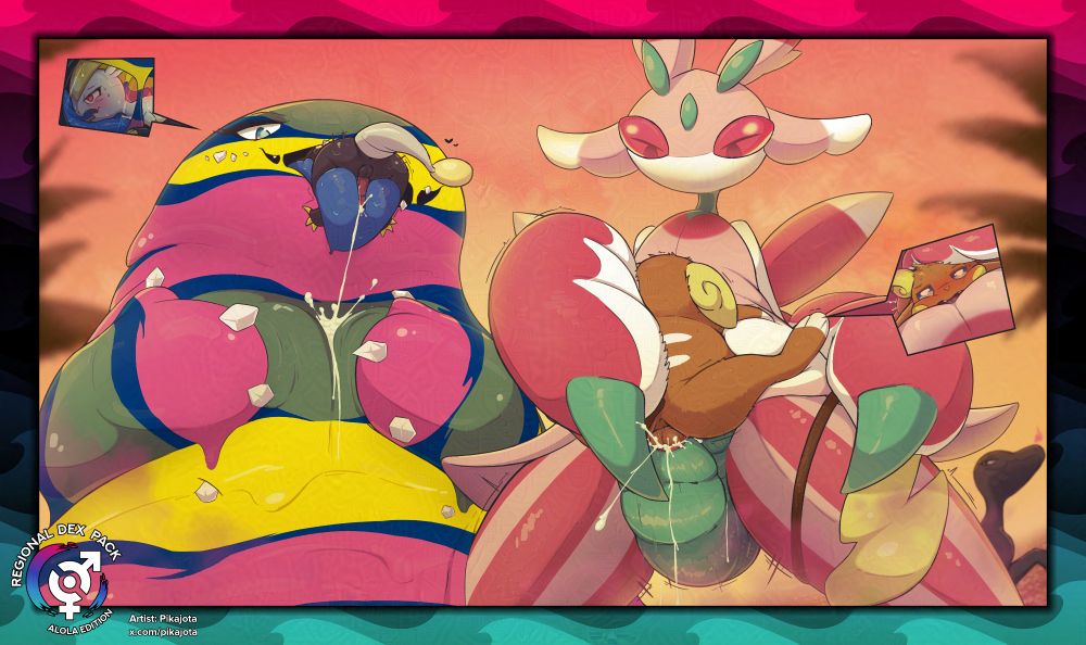 A giant Lurantis and Alolan Muk use their size to overwhelm a Jangmo-o and Alolan Raichu. The Lurantis is holding the raichu close to her body as it penetrates her abdomen. The muk holds her sludge like they are breasts as she uses her mouth to trap and pleasure Jangmo-o.
