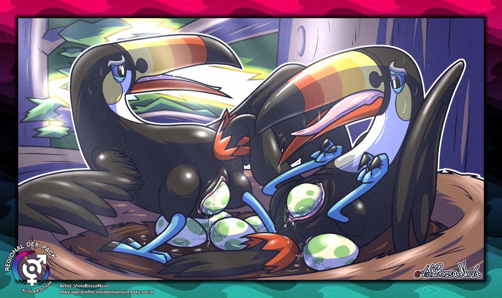 Two female toucannon are in a nest, one standing and looking backwith spread wings, the other laying on her back, both pushing eggs out of their cloacas. They look strained, with a sense of pleasure.