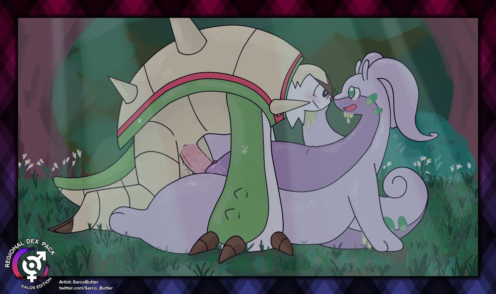 A male chesnaught and female goodra have sex in the missionary position with their noses touching. They are in a forest scene.