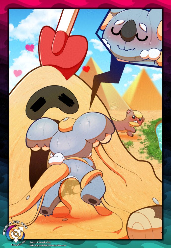 A sandygast holds a female Komala with several sandy tendrils, inserting one each of them in her vagina and ass. The Komala sweats in pleasure. An onlooking Yungoos stops to stare. Behind them is an oasis and pyramids. 