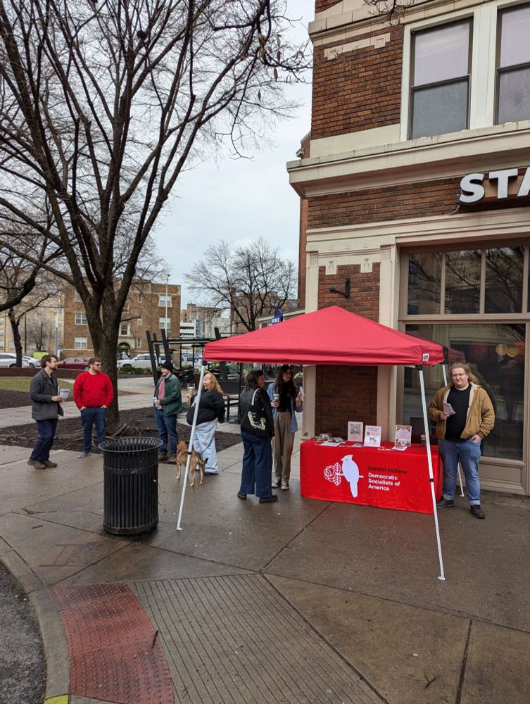 DSA members tabling in front of the unionized Starbucks in District 13. We had 14 members hanging out all afternoon and talked to a ton of people.