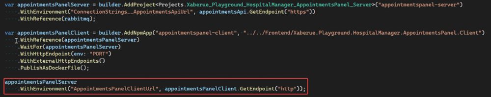 code in c# cross referencing a backend in AspNetCore with a frontend in Angular, while enabling CORS based on the ip assigned to the frontend by Aspire