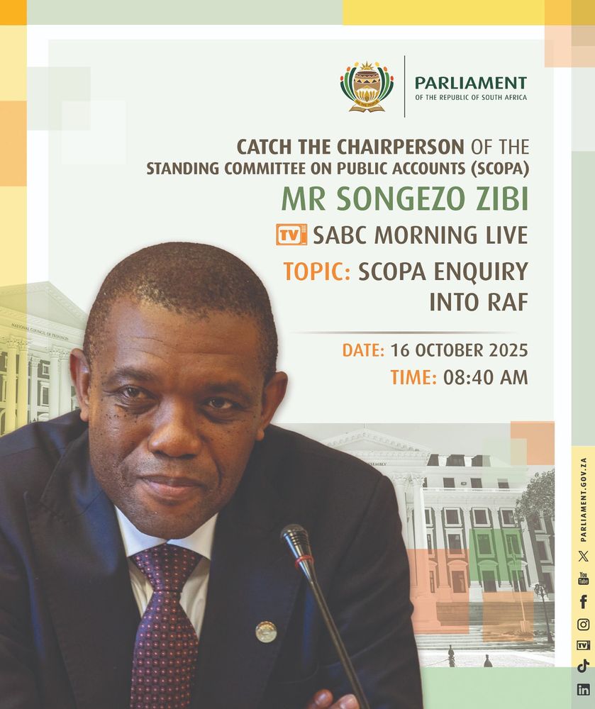 Parliament info showing Songezo Zibi and informing about the interview on SABC Morning Live on 16 October 2025 at 08:40 AM.