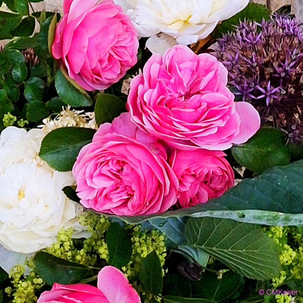 Blumenstrauß mit pinkfarbenen Rosen in der Mitte.