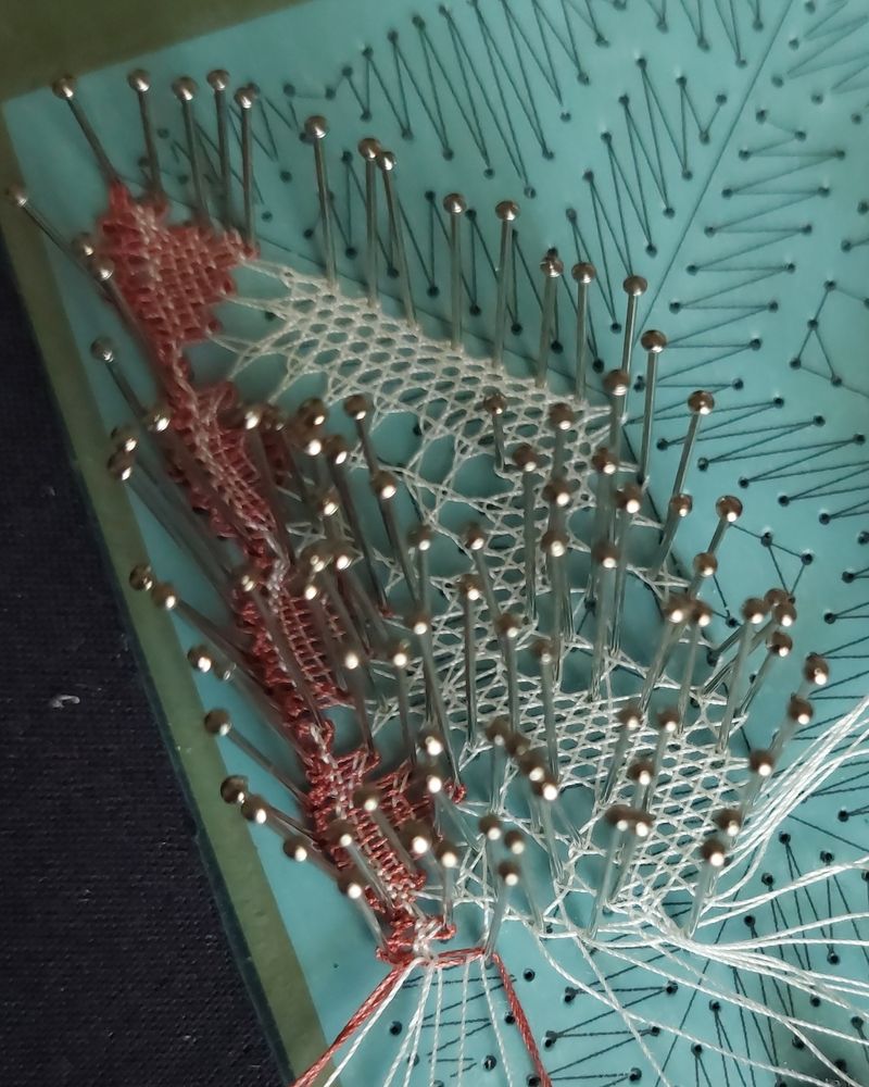 Bobbin lace in two colours.   A work in slow progress