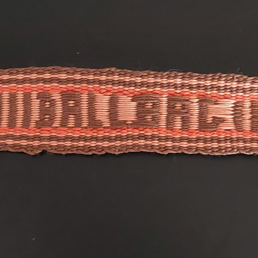A narrow band hand woven on an inkle loom.   The letters spell out the word ballbag