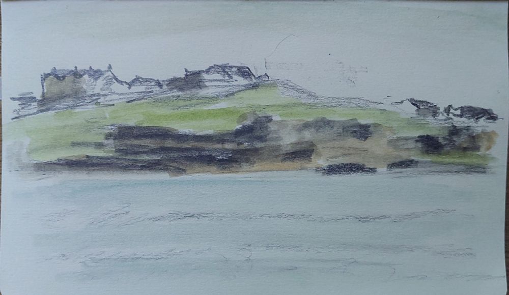 A very amateur watercoloured sketch of a coastline view