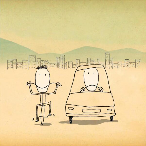 Illustration featuring a person riding a bicycle and a person driving a car. The cyclist's handlebars make it look like he's smiling, while the driver's steering wheel makes it look like he's frowning.