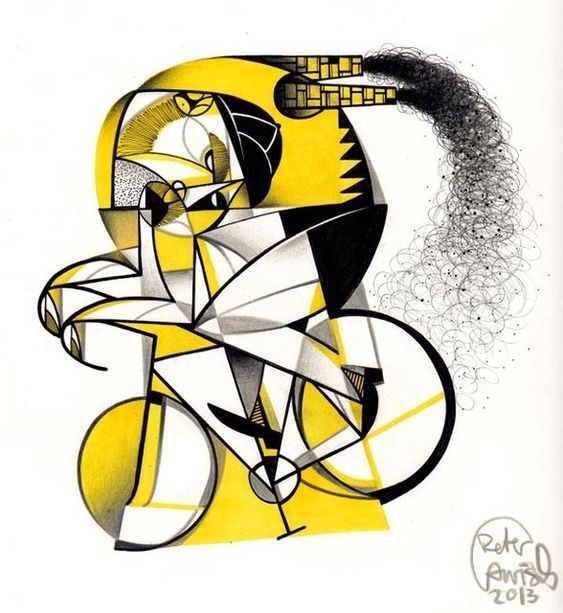 Illustration of a bicycle racer with chimneys spewing pollution coming out of his back.