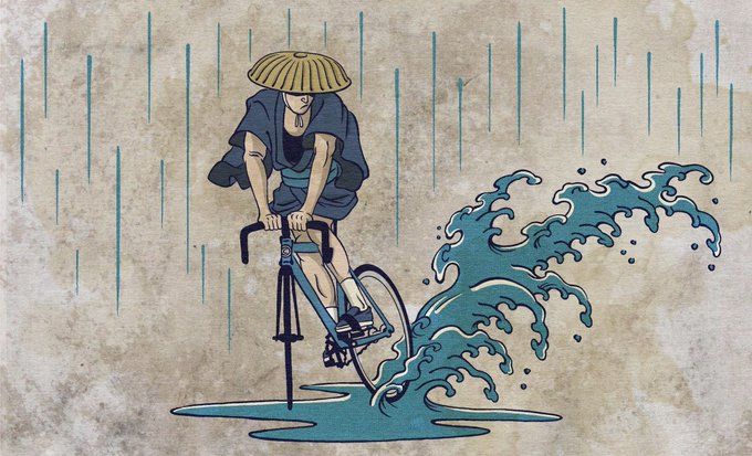 Illustration reminiscent of Japanese rice art paintings featuring a person riding a fixed-gear bike skidding through a puddle. 