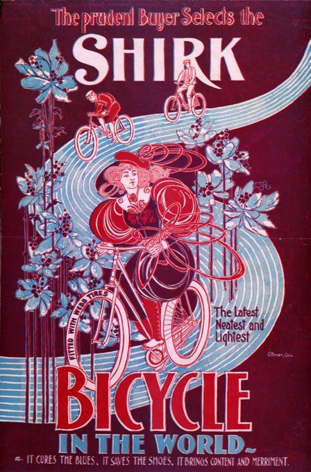 Advertisement for Shirk bicycles featuring an illustration of an elaborately dressed woman riding a bicycle on a curvy road.