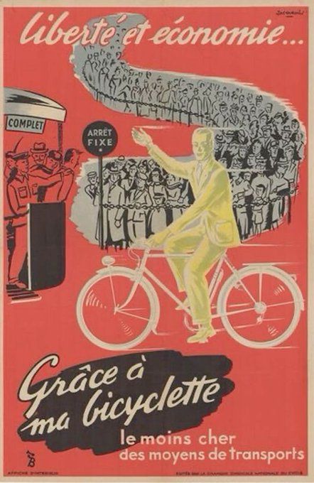 Illustrated poster featuring a man on a bicycle with an arm in the air and a huge line of people who appear to be waiting to get on a tram, which is full.