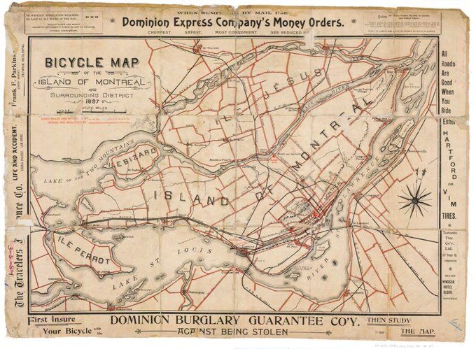 Antique map of the Island of Montreal. Red lines appear to indicate bicycle routes.