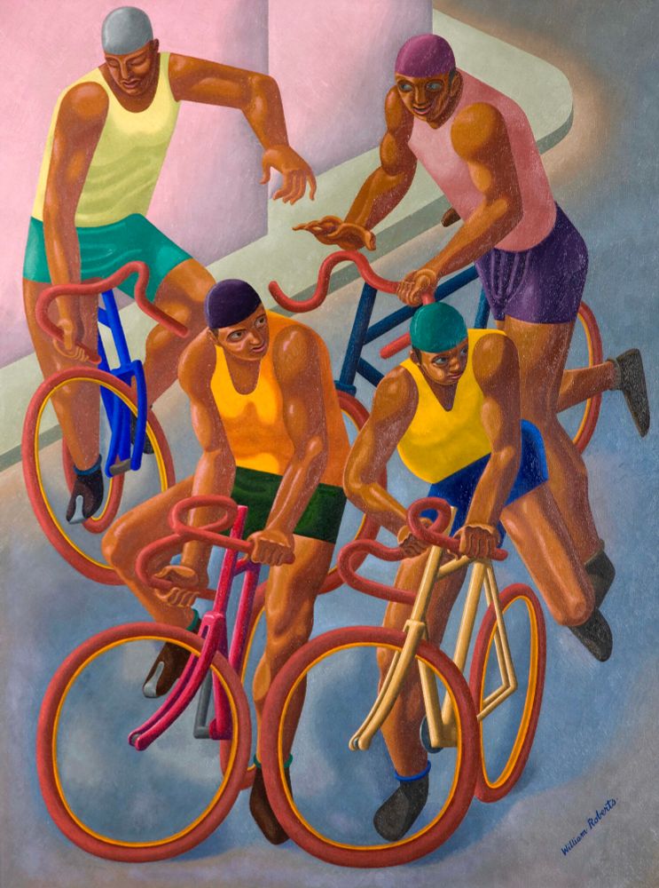Painting of five cyclists clumped together on a street corner.