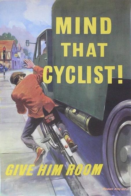Poster illustration showing the back of a bicycle rider riding on the side of a street and running out of room as a truck driver drives so close to the curb as to make the bicyclist lose control.