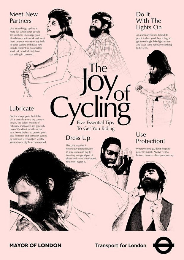 Poster entitled "The Joy of Cycling," which is a parody of the 1972 book The Joy of Sex by Alex Comfort. This poster contains illustrations of a bearded man with headings such as, "Meet new partners," "Do it with the lights on," "Lubricate," "Dress Up," and "Use Protection!"