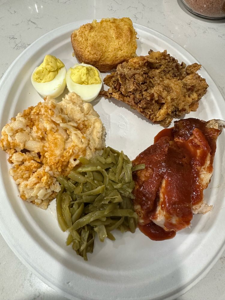 my thanksgiving plate with deviled eggs, cornbread, sweet potato casserole, smoked turkey, green beans, mac & cheese