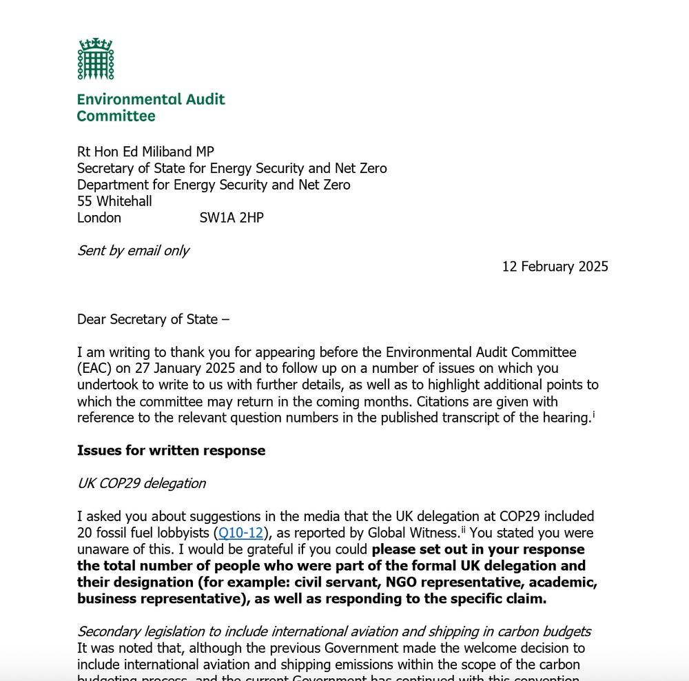 Image of letter from EAC chair toby perkins to Energy secretary Ed Milliband