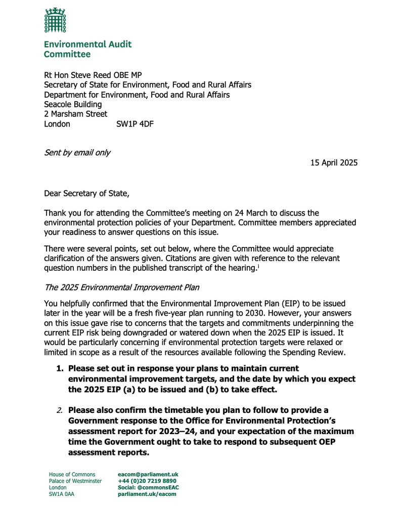 A letter from the Environmental Audit Committee to the Environment Secretary: https://committees.parliament.uk/publications/47483/documents/247138/default/