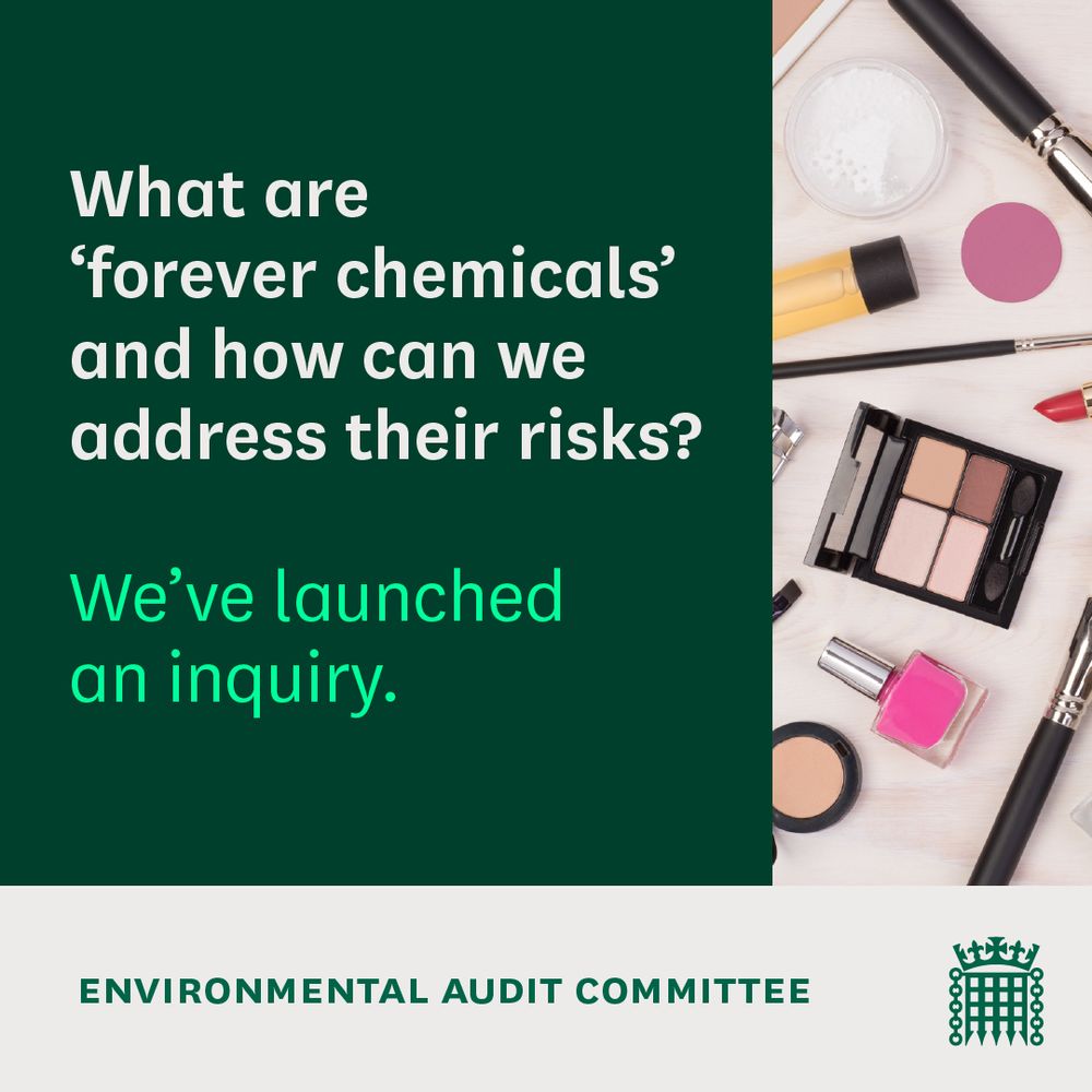 Image of cosmetics with text reading: What are forever chemicals and how can we address their risks. We've launched an inquiry. 