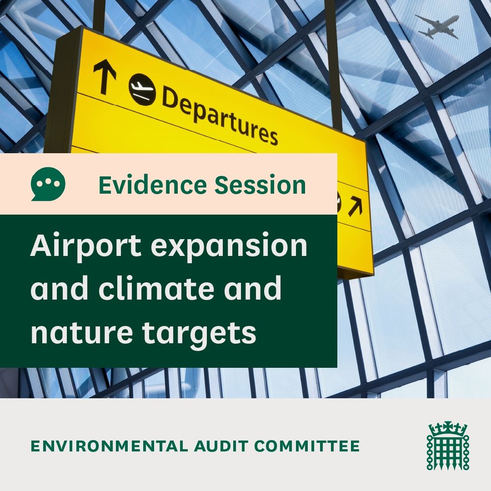 Evidence Session, Airport expansion and climate and nature targets, Environmental Audit Committee. Photo shows the inside of an airport with a departures sign and an aeroplane flying past the window.