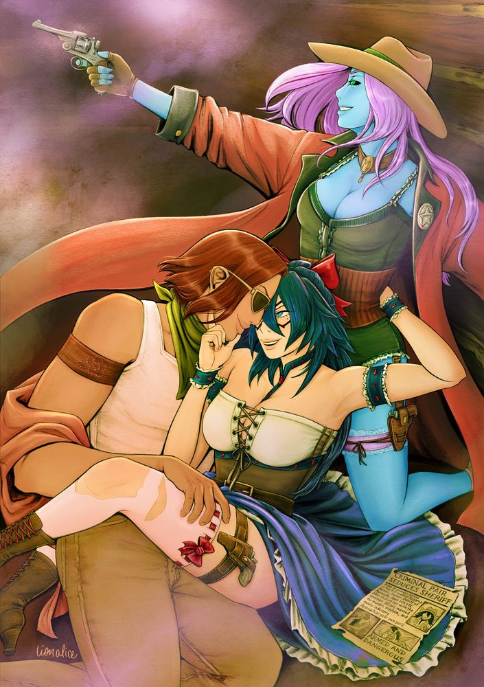 Curious, Midnight, and Magne from My Hero Academia in an old west A.U. They're embracing in a smoky bar during a shoot out.