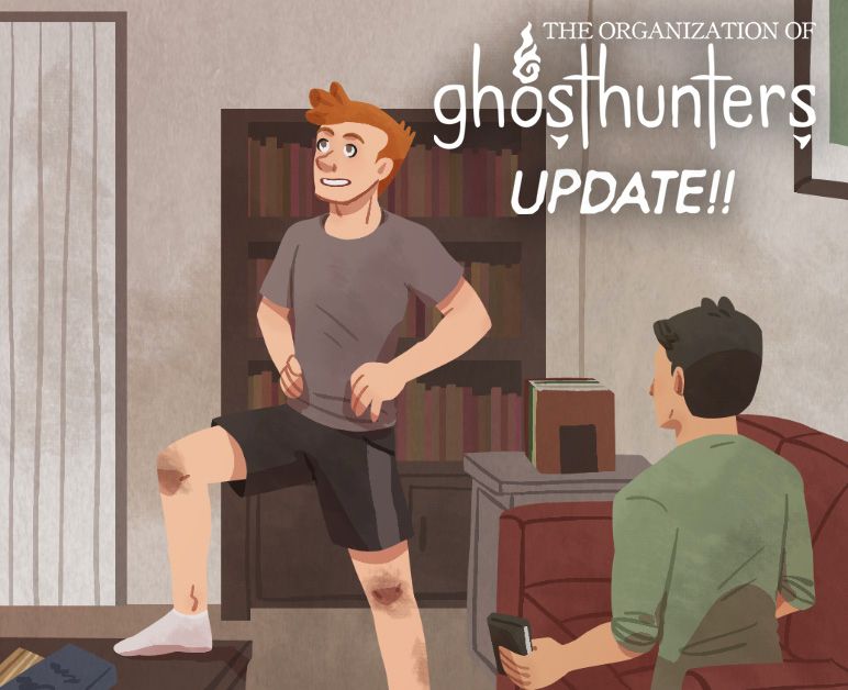 Panel from my comic, The Organizatikn of Ghost Hunters, featuring a man with red hair standing with one foot on a coffee table and a man with black hair sitting on the couch and facing away from the reader. The speech bubbles have been stripped and the comic logo has been added. 