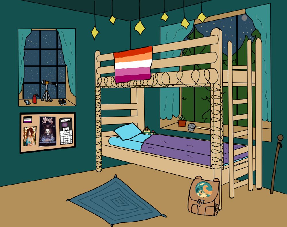 Decorated bunk room featuring themes around the stars