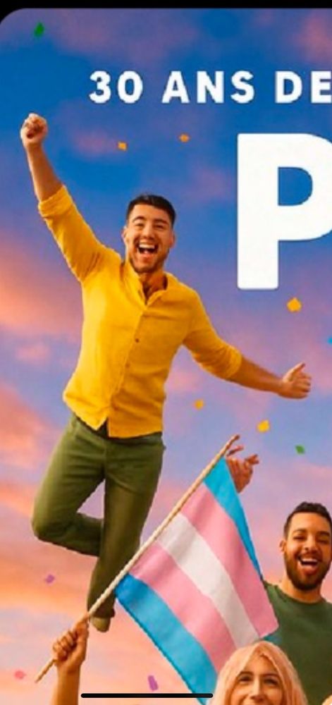 Sur l’affiche Cree par IA, un homme chemise jaune pantalon vert, l’air heureux est en suspension dans les airs, on ne sait pas pourquoi ni comment. 