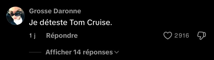 Screenshot d’un commentaire de moi-même sur TikTok disant « Je déteste Tom Cruise » avec 2916 likes. 