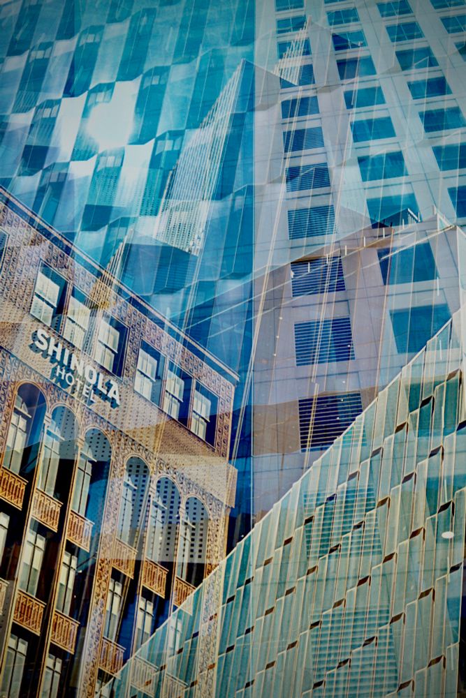 Collage of multiple historic buildings and skyscrapers, the shinola hotel is in the bottom right and the sign is in the center. There are three other buildings blended in the middle, and a skyscraper through the entire left side. 