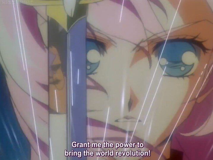 image from the anime Revolutionary Girl Utena where the main character Utena in a close-up while holding a sword shouts: "Grant me the power to bring the world revolution!"