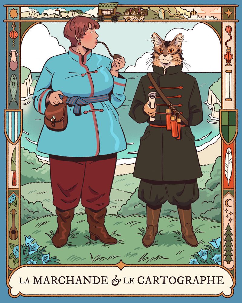 Color illustration of a girl and a catfolk in front of the sea.