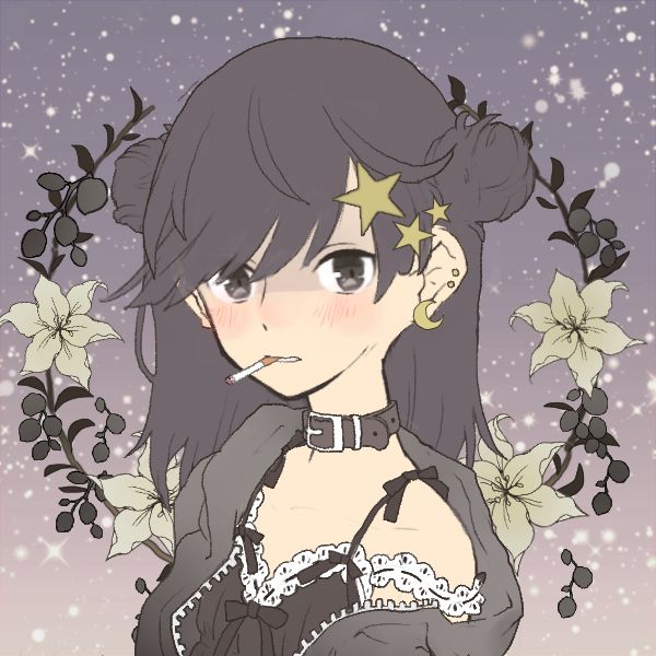 picrew avatar von mir, es hat schwarze haare mit pony, choker, hoodie, ein süßes top mit spitze und zigarette im mundwinkel