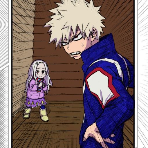 Image of a character from My Hero Academia in a UA gym uniform standing in front of a younger character in a puffy jacket with a skirt and scarf on. The older one is facing the viewer and making an angry face, as if protecting the younger one.