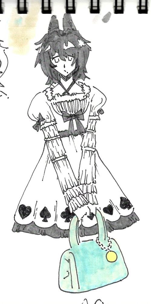 Traditional pen sketch of my Vtuber facing forward and holding his Boston bag with both hands. He is wearing a Lolita one piece with black card suits printed on the skirt. The drawing is greyscale, except for the bag which is light blue with a yellow charm.