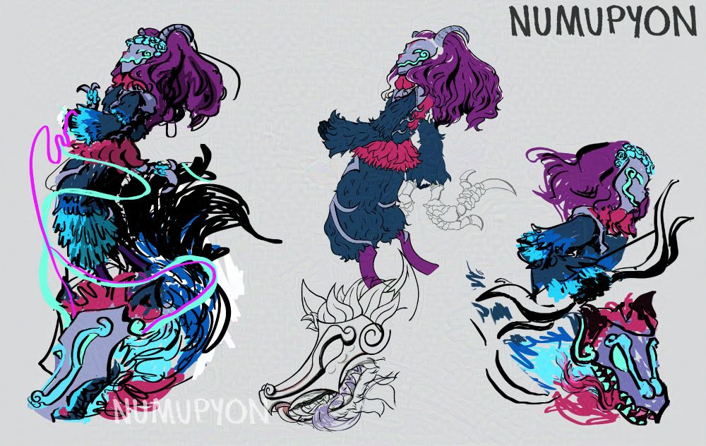 Three sketches of kindred from league of legends. First two sketches are of Lamb riding Wolf; third sketch is of lamb peering over her shoulder with wolf in front of her.