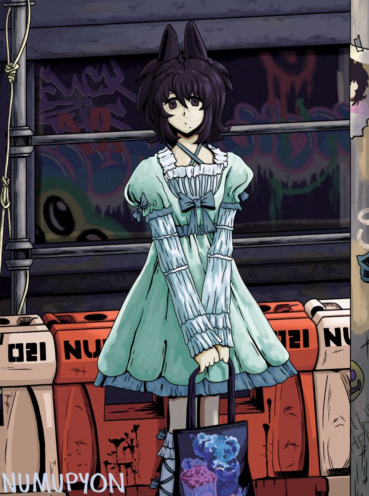 Vtuber avatar wearing a mint green dress with white long sleeves and decorated with light blue bows. He holds a black tote bag with both hands. The tote bag is Milkboy's "Don't Feed the Bears" design, depicting a plush bear eating popcorn. 

The background of the illustration is a site under construction/renovation. Behind the figure is a building with a window in shadow covered in graffiti letters and characters. 