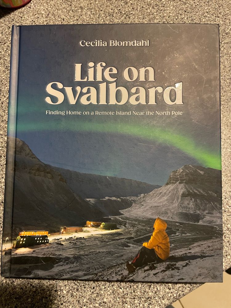 Cover of book “Life on Svalbard” by Cecilia Blomdahl showing her sitting overlooking a small town at night. Mountains in the background and northern lights in the sky
