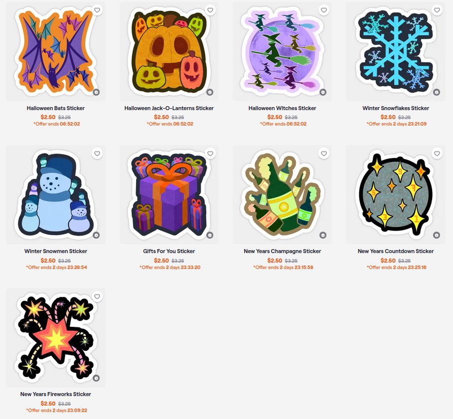 The same TeePublic designs from the previous screenshota, but with pricing and placement for stickers.