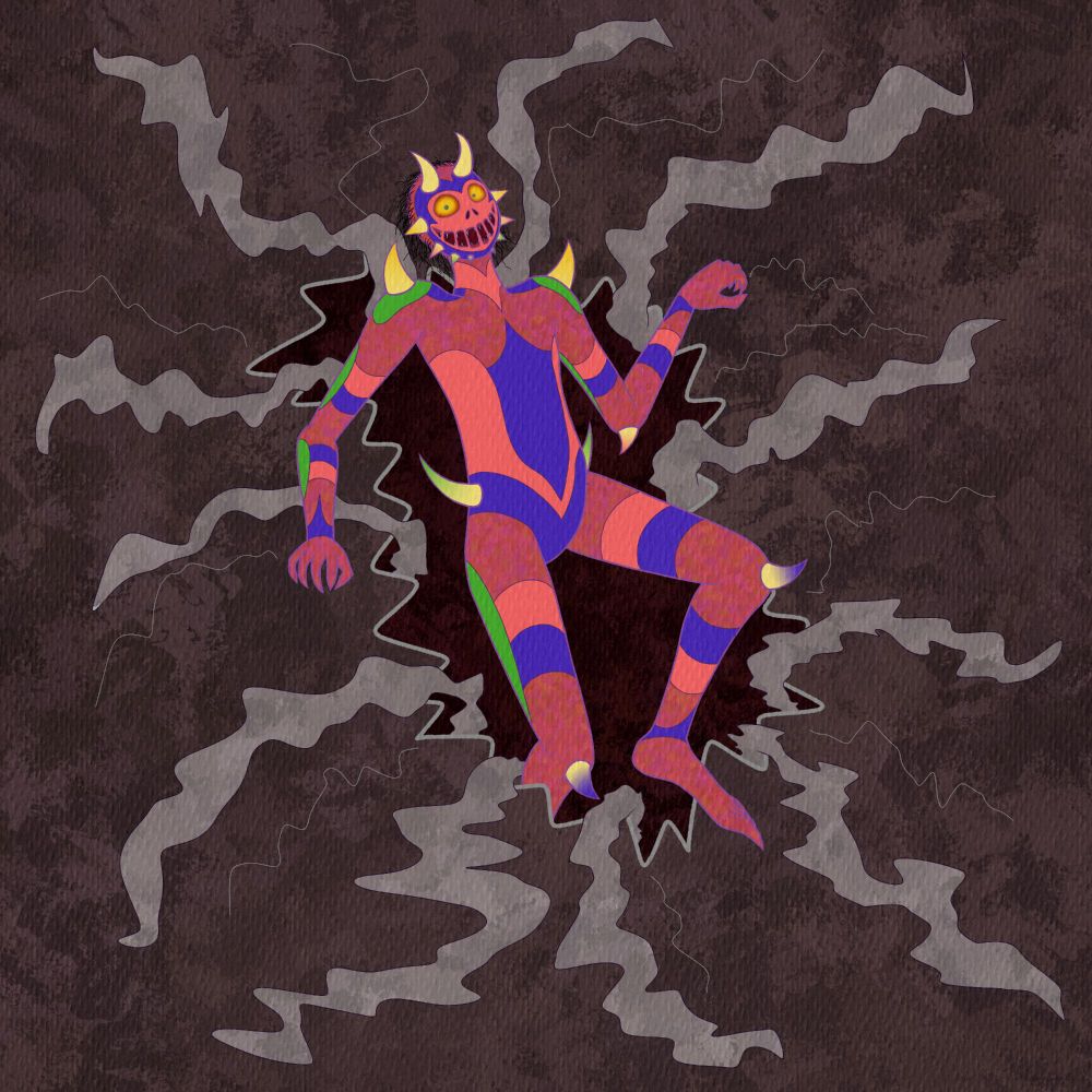 Digital art of a proposed pre-mask design for Majora, a demon/evil force from the Legend of Zelda series. Majora is shown here coming out of the ground with a wild grin.