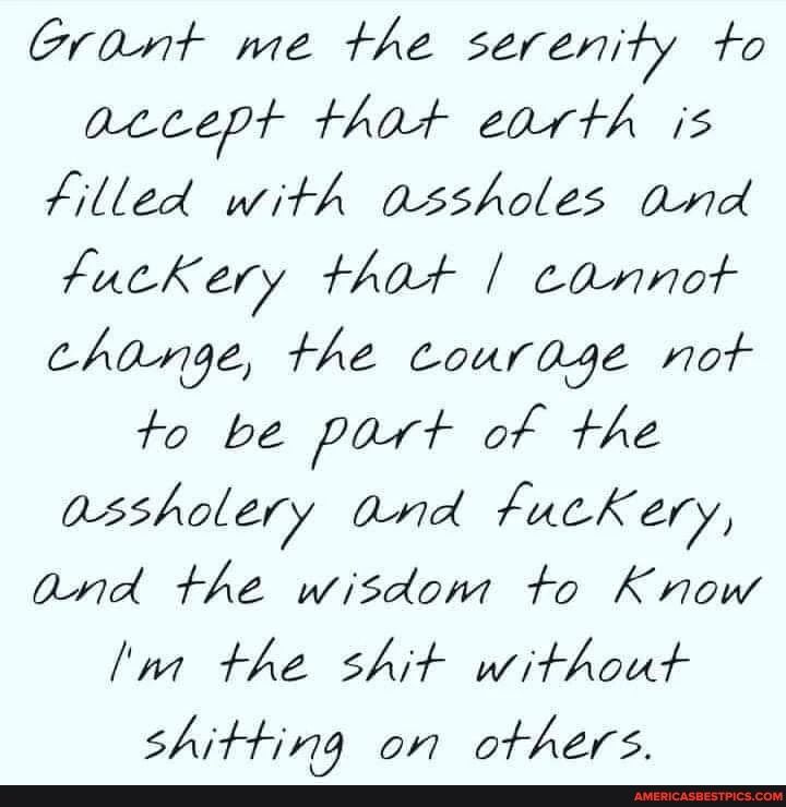 Grant Me The Serenity To Accept that Earth Is Filled With Assholes And Fuckery That I Cannot Change, The Courage Not To Be Part Of The Assholery And Fuckery, And The Wisdom To Know I'm The Shit Without Shitting On Others.