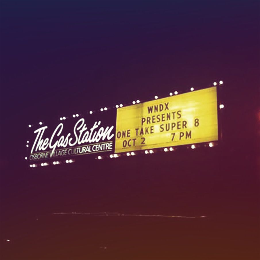 The marquee sign for the Gas Station theatre with the notice: WNDX presents One Take Super 8, Oct 2, 7 pm