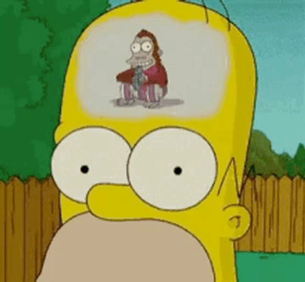 a cartoon of homer simpson with a picture of a monkey in his head