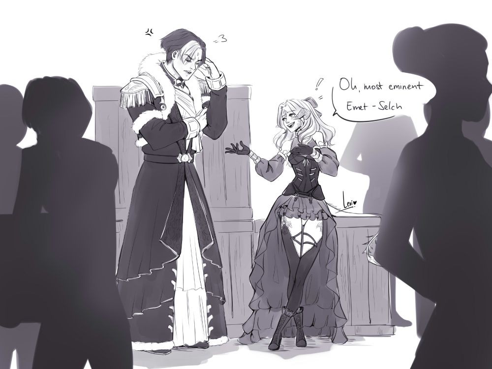 Emet-Selch and the Warrior of Light chatting. The WoL says "Oh, most eminent Emet-Selch" in a mocking & amused pose, while Emet-Selch is visibly annoyed. Silhouettes of other characters can be seen in the background and foreground