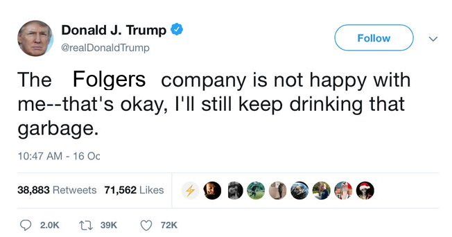 Trump tweet about still drinking "that garbage" (Coca-Cola), edited to read that the Folgers company