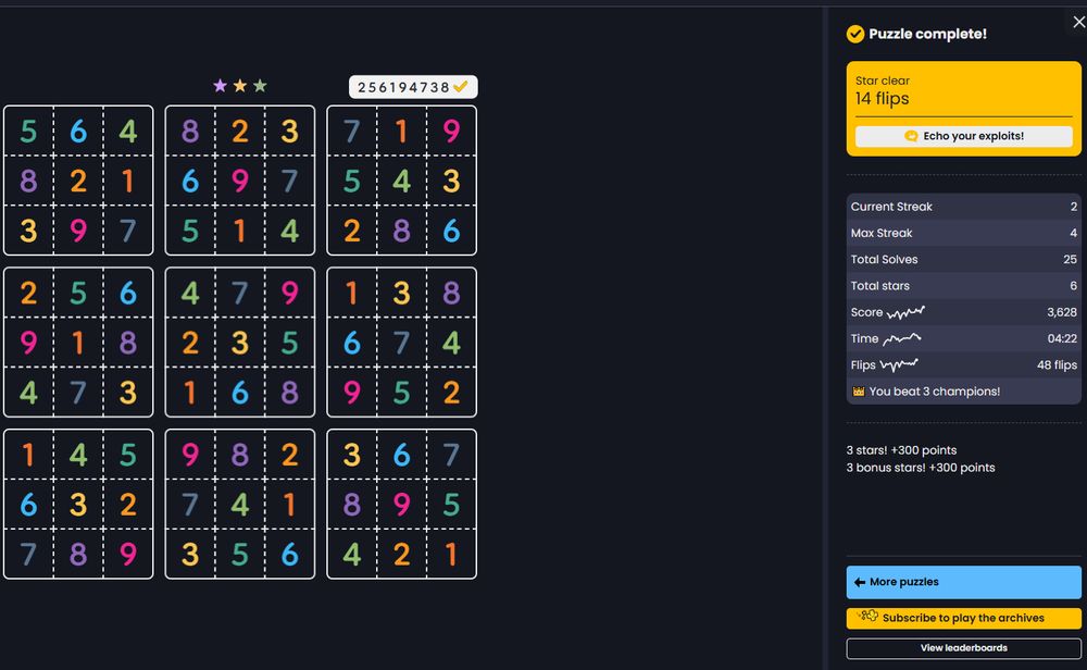 a board of a cleared "memoku" game on puzzmo.com (similar to sudoku, the game with a grid of numbers).

stats of note say:

Star Clear: 14 Flips
Flips: 48