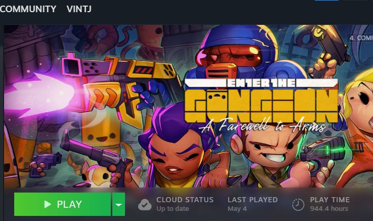 screenshot of Enter the Gungeon on a steam library. "Play Time; 944.4 hours".