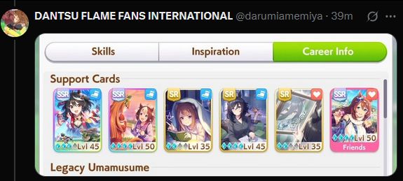 a picture of Umamusume Support cards, which show;

Kitasan Black SSR (Speed, Lv 45)
Special Week SSR (Speed, Lv 50)
Sweep Tosho SSR (Speed, Lv 35)
Eishin Flash SSR (Speed, Lv 45)
Manhattan Cafe (Stamina, Lv 35)
Super Creek (Stamina, Lv 50)